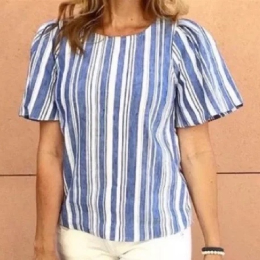 CAbi Blue and White Striped Linen Blouse Top